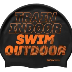 Buddyswim Siliconen Badmuts - TRAIN INDOOR SWIM OUTDOOR - black/orange