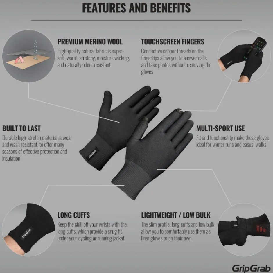 Wielerhandschoenen < GripGrab Merino Wool Liner Handschoenen - Zwart